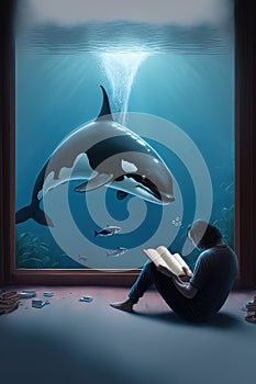 Orca with human reading a Book, Adorable Smart Sea Creature Character Sitting with Book cartoon style Illustration generative ai