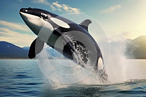 Orca killer whale jumping out of the water. 3d rendering, Big orca whale jumping out of the sea, AI Generated