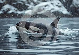 Orca killer whale marine predator swimming in sea on winter time with snow.Macro.AI Generative