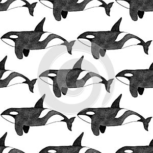 Orca or killer whale. Seamless watercolor pattern