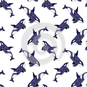 Orca or killer whale. Seamless watercolor pattern