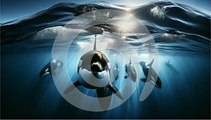 Orca pack hunting in the ocean