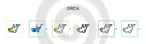 Orca vector icon in 6 different modern styles. Black, two colored orca icons designed in filled, outline, line and stroke style.