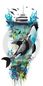 Orca Whale Breaching out of Water Near Ship Transparent Background Generative AI