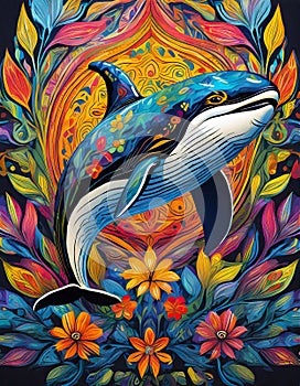 orca whale bright colorful and vibrant poster illustration