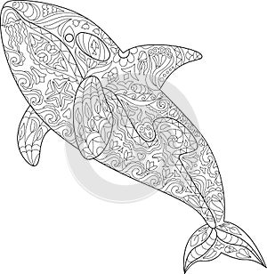 Orca whale coloring page for kids black outline, Killer whale zentangle animal, Sea ornament