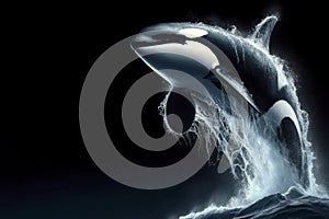 orca whale jumping out of the water. killer whale with incredible speed and power on black background. ai generative