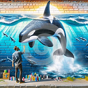 Orca Whale Mural Graffiti Artist Painting Ocean Scene Brick Wall Vintage City Building AI Generated