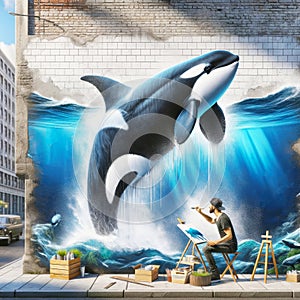 Orca Whale Mural Graffiti Artist Painting Ocean Scene Brick Wall Vintage City Building AI Generated