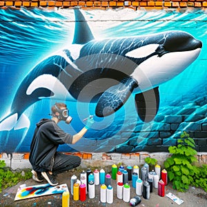 Orca Whale Mural Graffiti Artist Painting Ocean Scene Brick Wall Vintage City Building AI Generated
