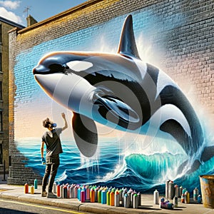 Orca Whale Mural Graffiti Artist Painting Ocean Scene Brick Wall Vintage City Building AI Generated