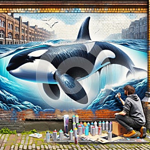 Orca Whale Mural Graffiti Artist Painting Ocean Scene Brick Wall Vintage City Building AI Generated