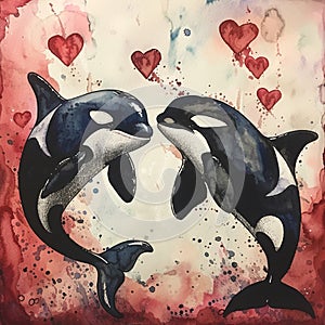 Orca whales love hearts watercolor