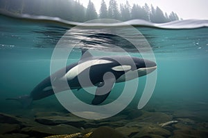 orcas dorsal fin through the water as it approaches a sealion