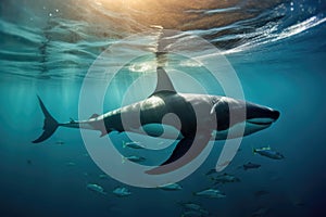 orcas dorsal fin through the water as it approaches a sealion