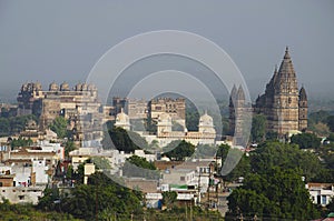 Orccha monuments. From the left Orchha Palace, Ram Raja Temple and Chaturbhuj Temple. Orchha, Madhya Pradesh.