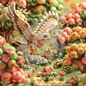 The orchard bursts into a color explosion as a falcon glides through the vivid foliage photo