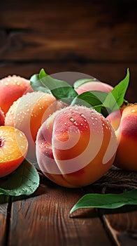 Orchard harvest Ripe peaches with leaves on a wooden backdrop