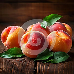 Orchard harvest Ripe peaches with leaves on a wooden backdrop