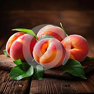 Orchard harvest Ripe peaches with leaves on a wooden backdrop