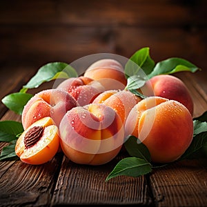 Orchard harvest Ripe peaches with leaves on a wooden backdrop