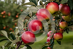 Orchard scene bountiful harvest of ripe red apples on branch