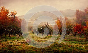 Orchard scenic in autumn landscape, digital illustration
