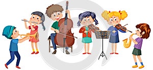 Orchestra band with kids playing musical instruments