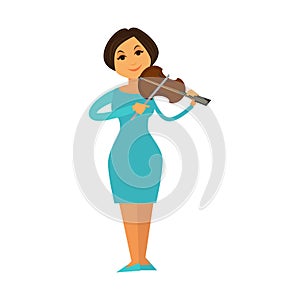 Orchestra jazz band woman playing violin fiddle music performer vector flat icon