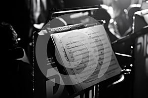 Orchestra music stands. Performance on the stage of a brass symphony orchestra.