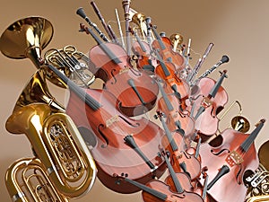Orchestra musical instruments 3D rendering