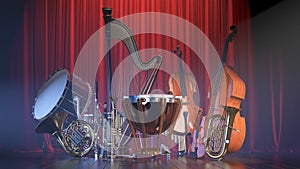 Orchestra musical instruments 3D rendering photo