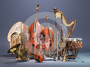 Orchestra musical instruments on grey background. 3D rendering photo