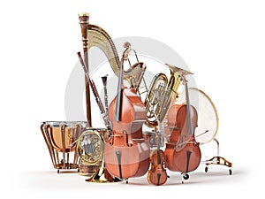 Orchestra musical instruments isolated on white