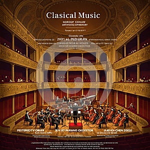 Orchestra performing in an opulent, classical concert hall with detailed gold and red