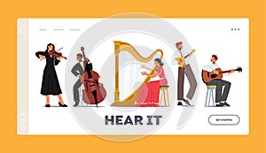 Orchestra Playing Classical Music Concert Landing Page Template. Musicians with String Instruments Performing on Stage