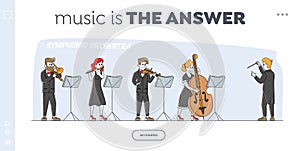 Orchestra Playing Music Landing Page Template. Conductor and Musicians Characters with Instruments Performing on Stage