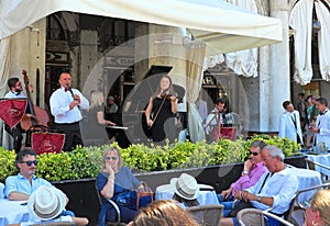 Orchestra plays at the Florian cafe in Saint Mark's Square, Venice