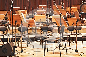 Orchestra stage with chairs and microphone