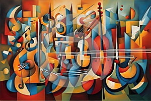 orchestra themed cubist abstract painting of musical instruments