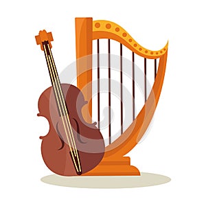 Orchestral harp and violoncello isolated on white background. photo