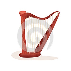 Orchestral harp with wooden frame and metal strings. Stringed musical instrument. Flat vector element for music event