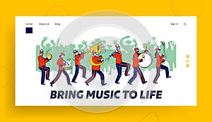 Orchestral March Parade Landing Page Template. Orchestra Characters Wearing Festive Uniform Playing Trombone photo