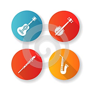Orchestral musical instruments flat design long shadow glyph icons set