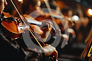 An orchestral musician plays the violin in a symphony orchestra at a concert. Close-up