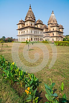 Orchha Cenotaphs, sunny day vleear blue sky, Moghul gardens. Also spelled Orcha, famous travel destination in India.