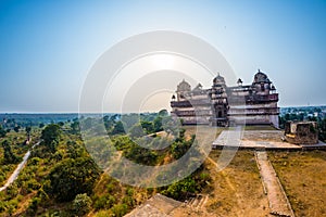 Orchha Palace, Madhya Pradesh. Also spelled Orcha, famous travel destination in India. Wide angle.