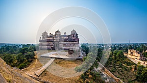 Orchha Palace, Madhya Pradesh. Also spelled Orcha, famous travel destination in India. Wide angle.