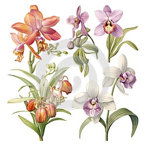 orchid flower set watercolor vector illustration.isolated white background. Generative ai