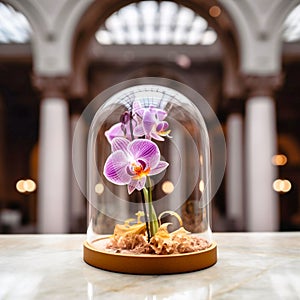 an orchid flower under a glass dome, Generative AI